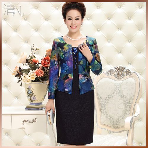 清凡高檔婚禮媽媽裝連衣裙長袖春裝新款時(shí)尚藍(lán)色假兩件結(jié)婚禮服裝產(chǎn)品